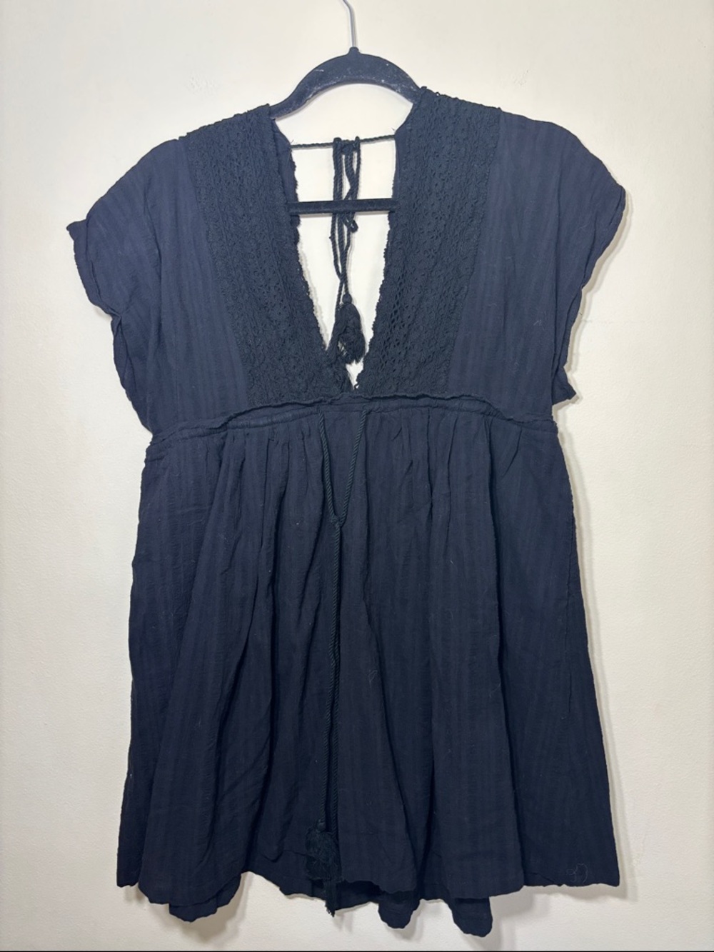 Women's Black V-Neck Boho Tunic with Tie Detail